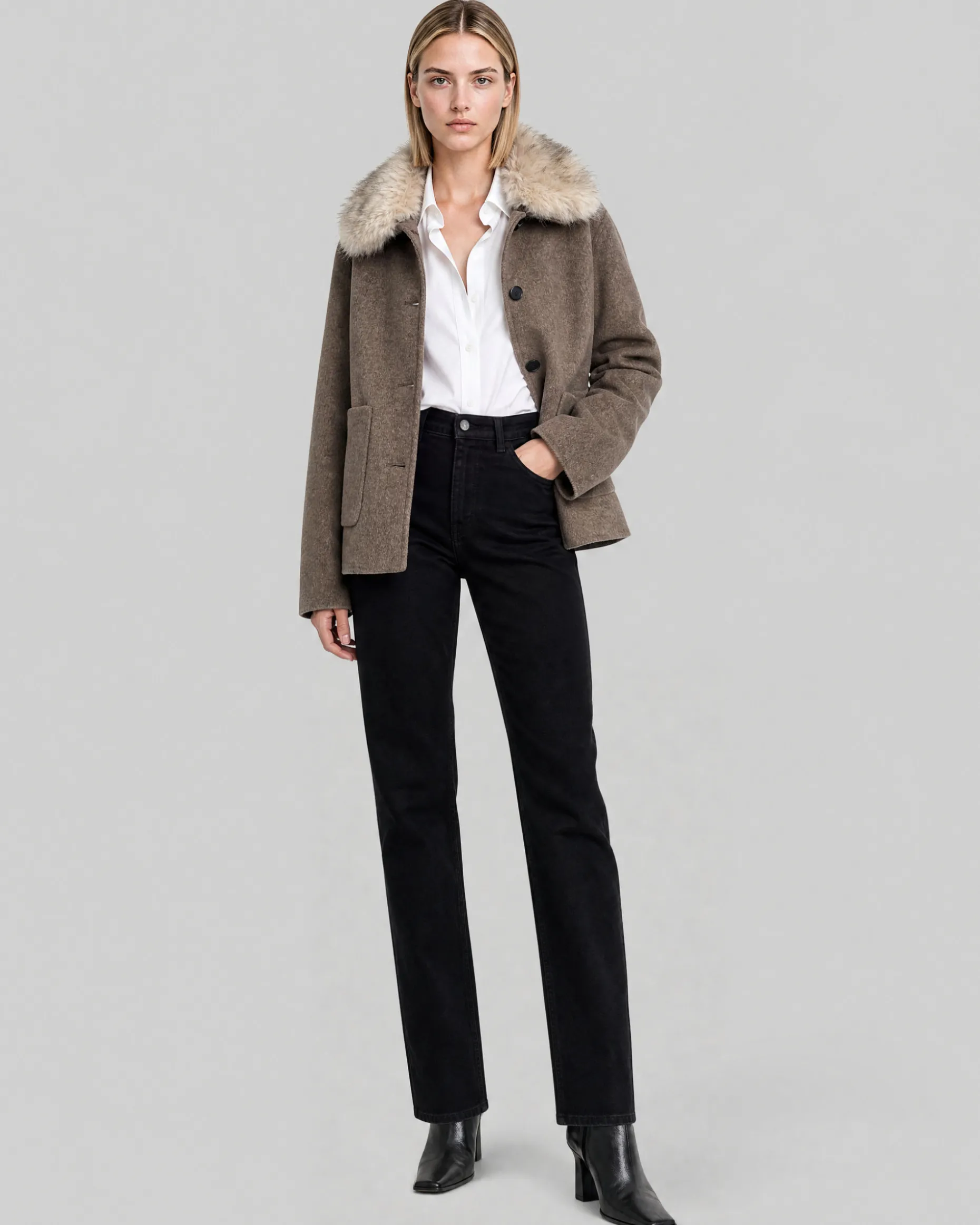Manteau en laine mélangée avec col fausse fourrure beige