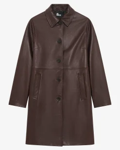 Manteau long en cuir bordeaux