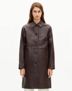 Manteau long en cuir bordeaux