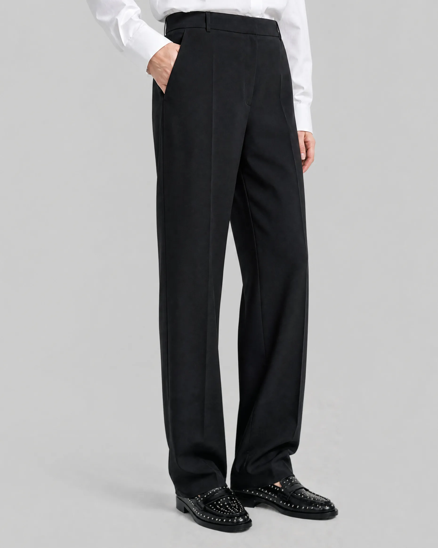 Pantalon de tailleur droit en laine mélangée noir
