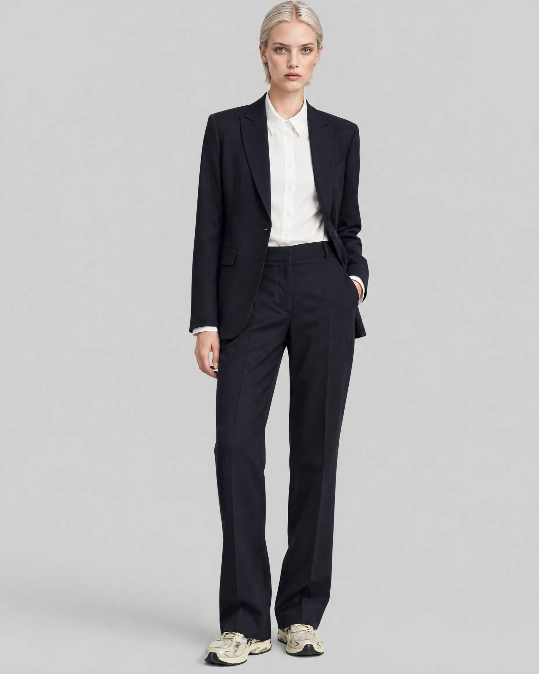 Pantalon de tailleur droit en laine marine