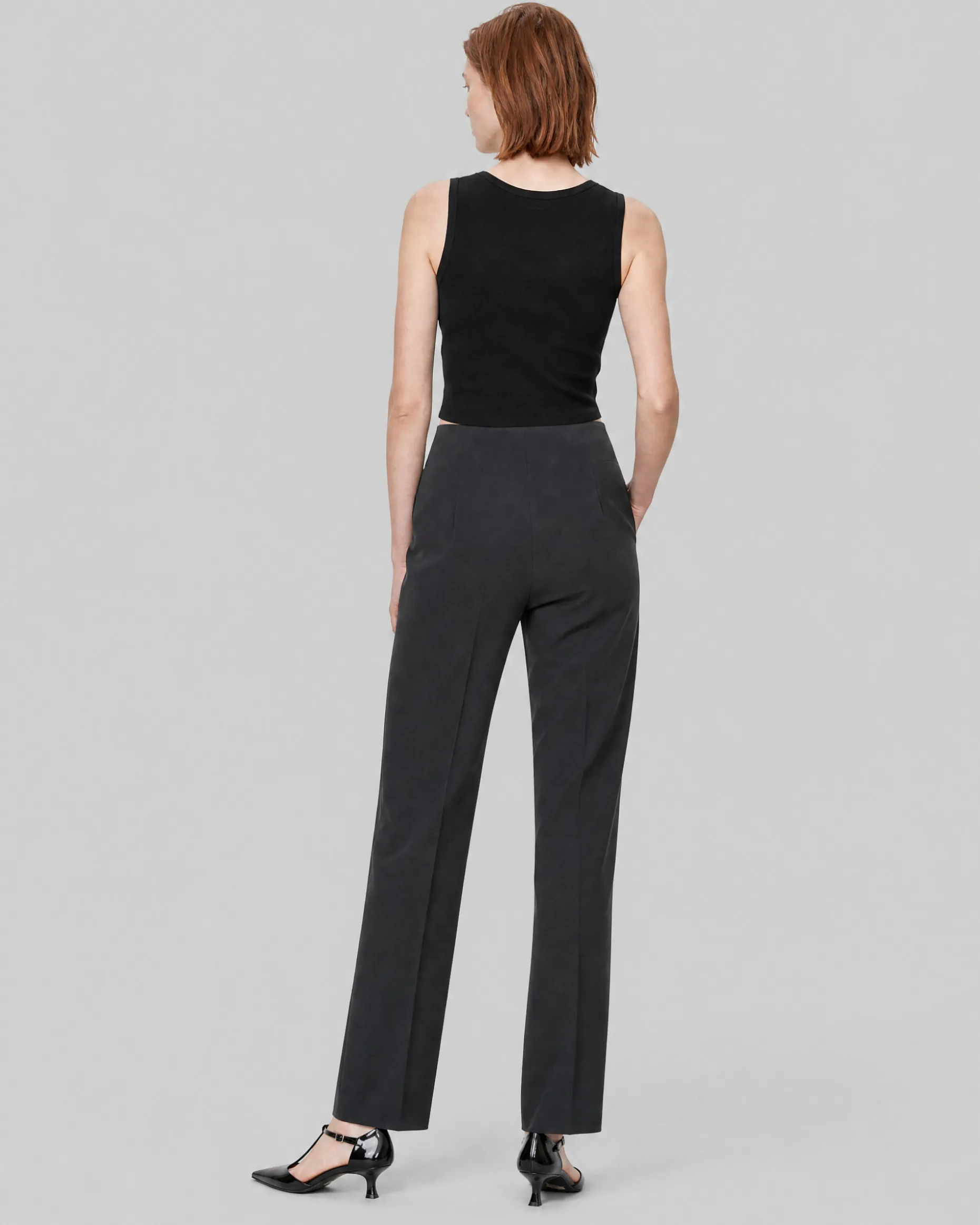 Pantalon de tailleur droit en laine mélangée noir