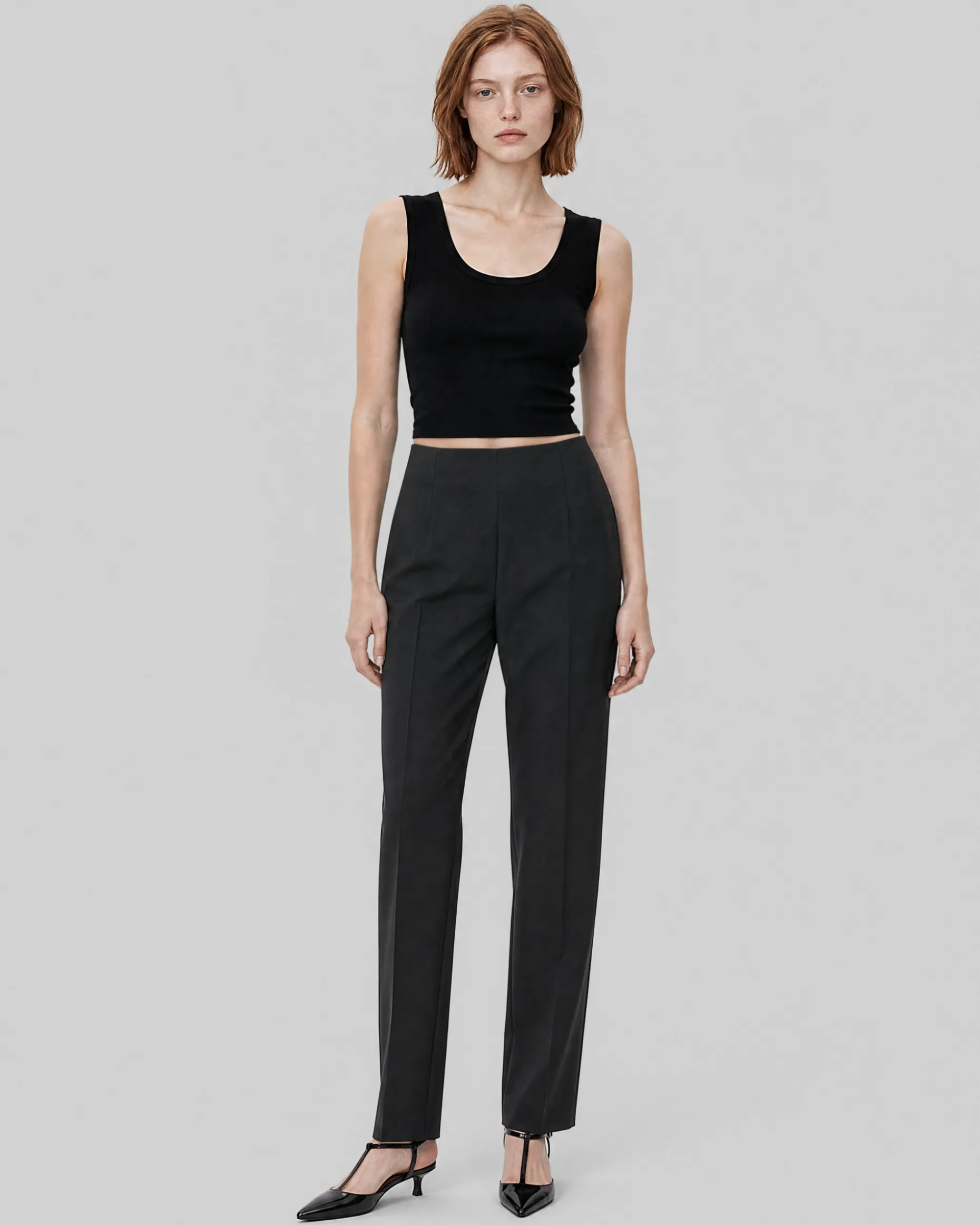 Pantalon de tailleur droit en laine mélangée noir