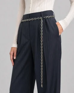 Pantalon de tailleur en laine large motif fines rayures marine