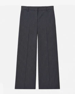 Pantalon de tailleur en laine large motif fines rayures marine