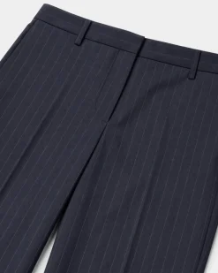 Pantalon de tailleur en laine large motif fines rayures marine