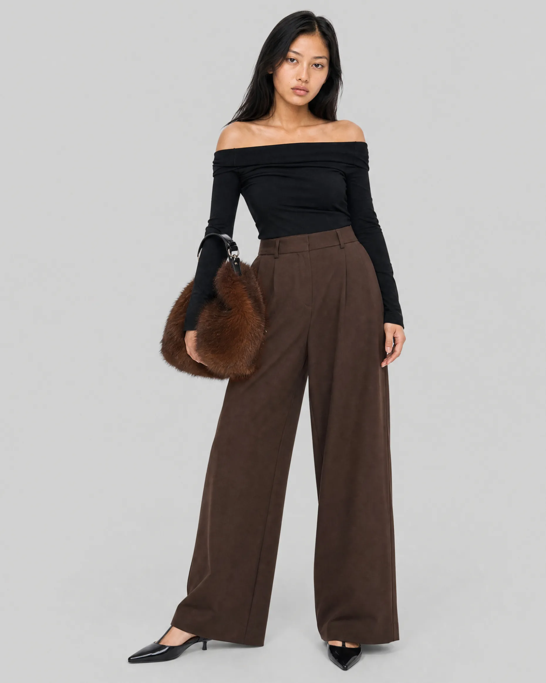 Pantalon de tailleur large en laine marron