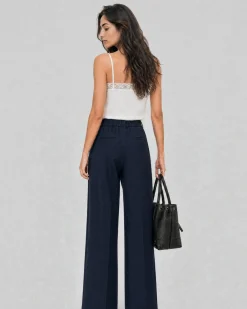 Pantalon de tailleur large en laine mélangée marine