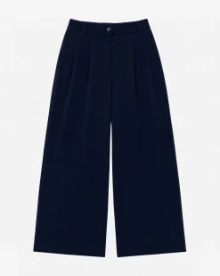 Pantalon de tailleur large en laine mélangée marine