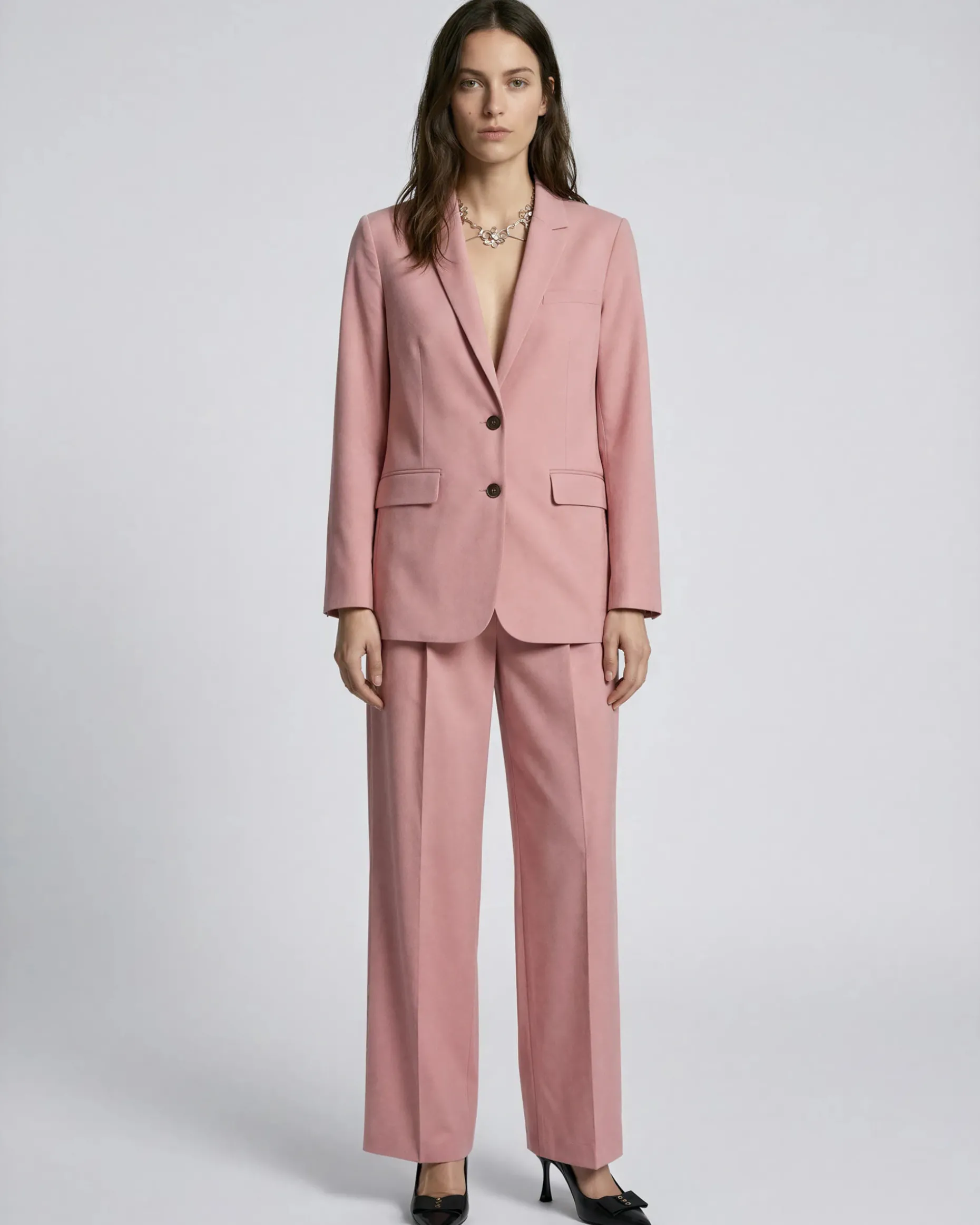 Pantalon de tailleur à pinces large en lin et coton rose pastel