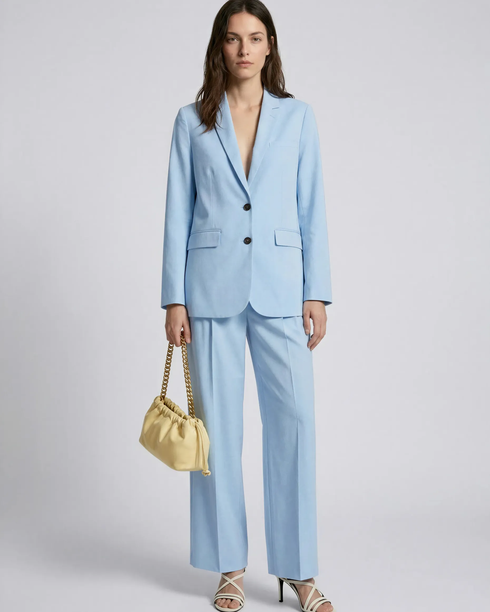 Pantalon de tailleur à pinces large en lin et coton bleu pastel