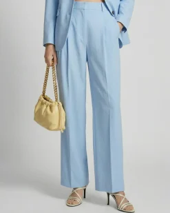 Pantalon de tailleur à pinces large en lin et coton bleu pastel