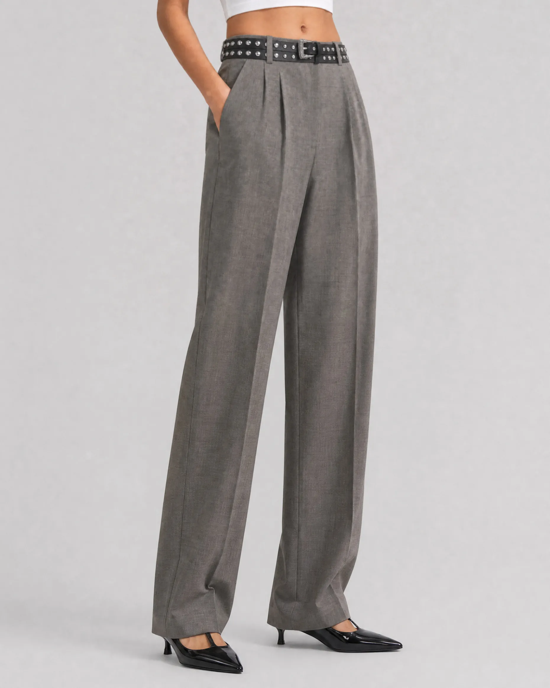 Pantalon large en laine mélangée beige