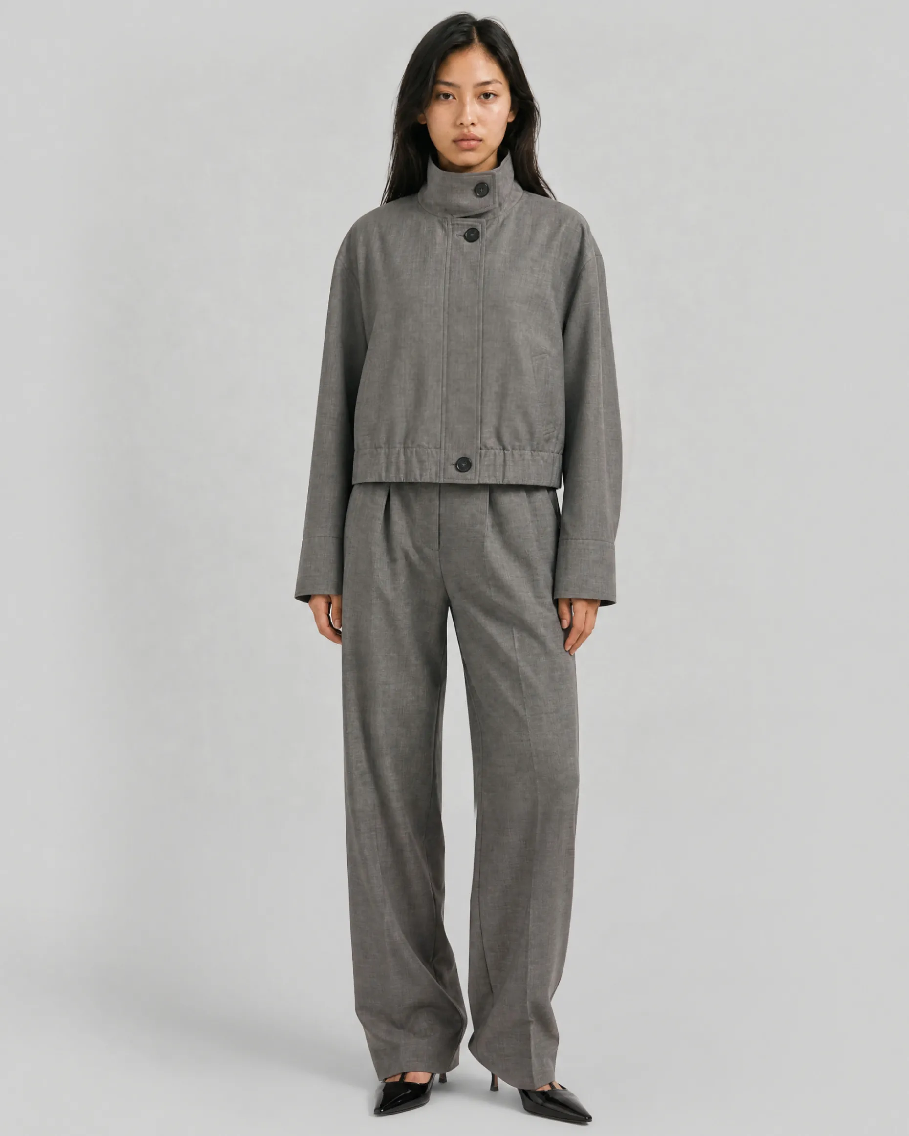 Pantalon large en laine mélangée beige