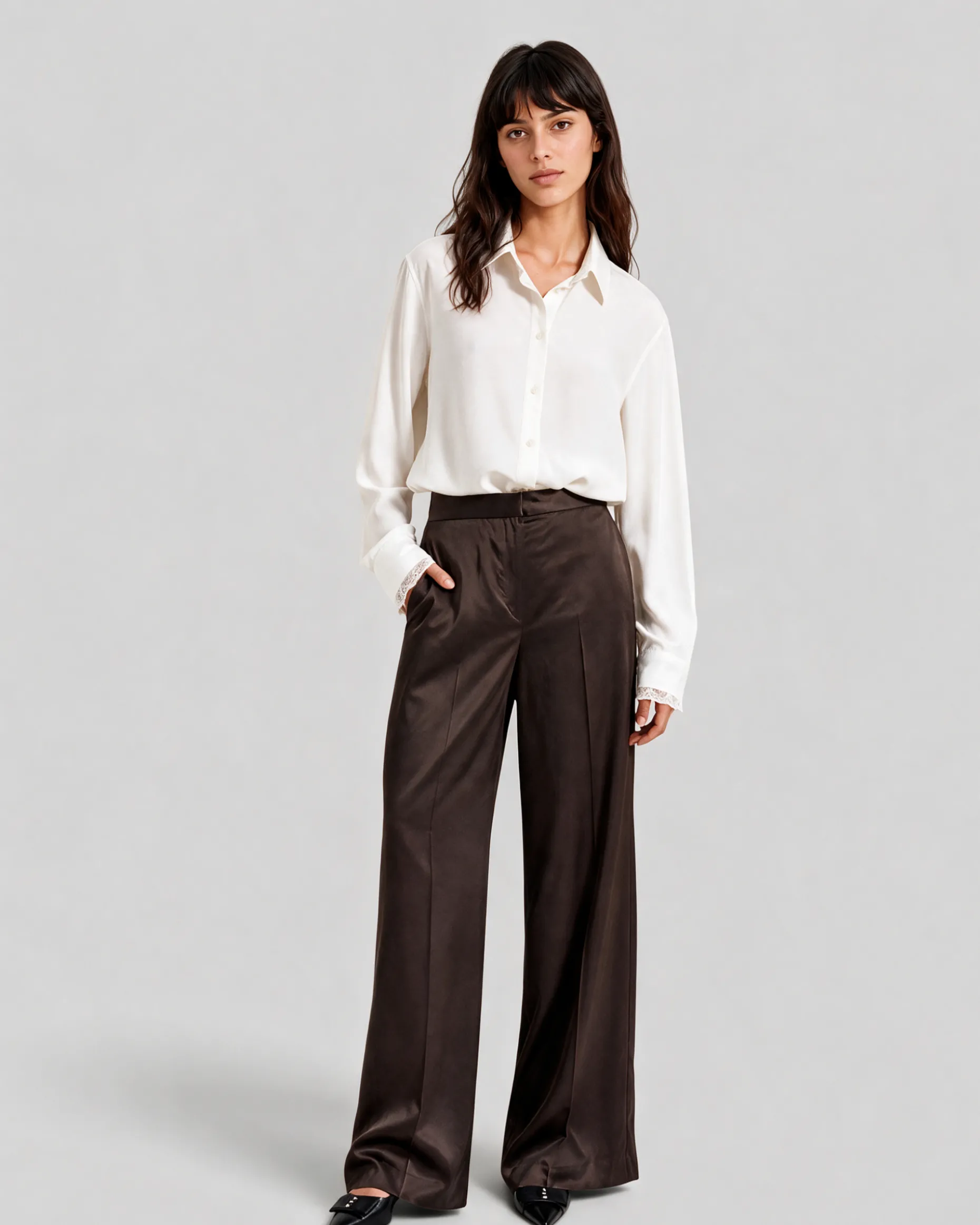 Pantalon large en satin marron