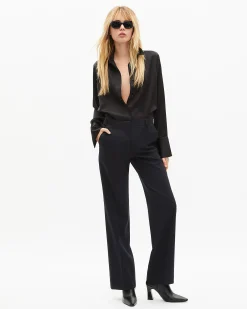 Pantalon tailleur droit en laine mélangée marine