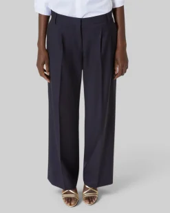 Pantalon tailleur large en laine rayé marine