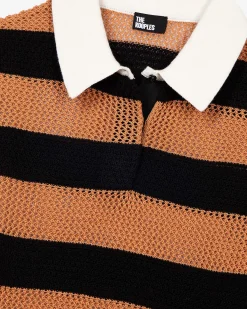 Polo en maille ajourée rayé orange et noir
