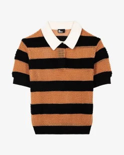 Polo en maille ajourée rayé orange et noir