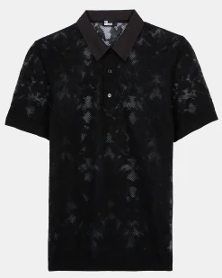 Polo en maille effet dentelle noir