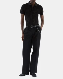 Polo en maille effet dentelle noir