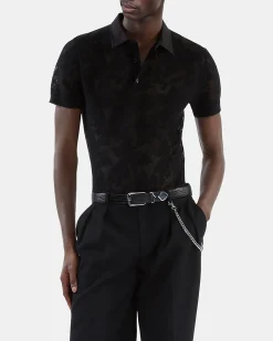 Polo en maille effet dentelle noir