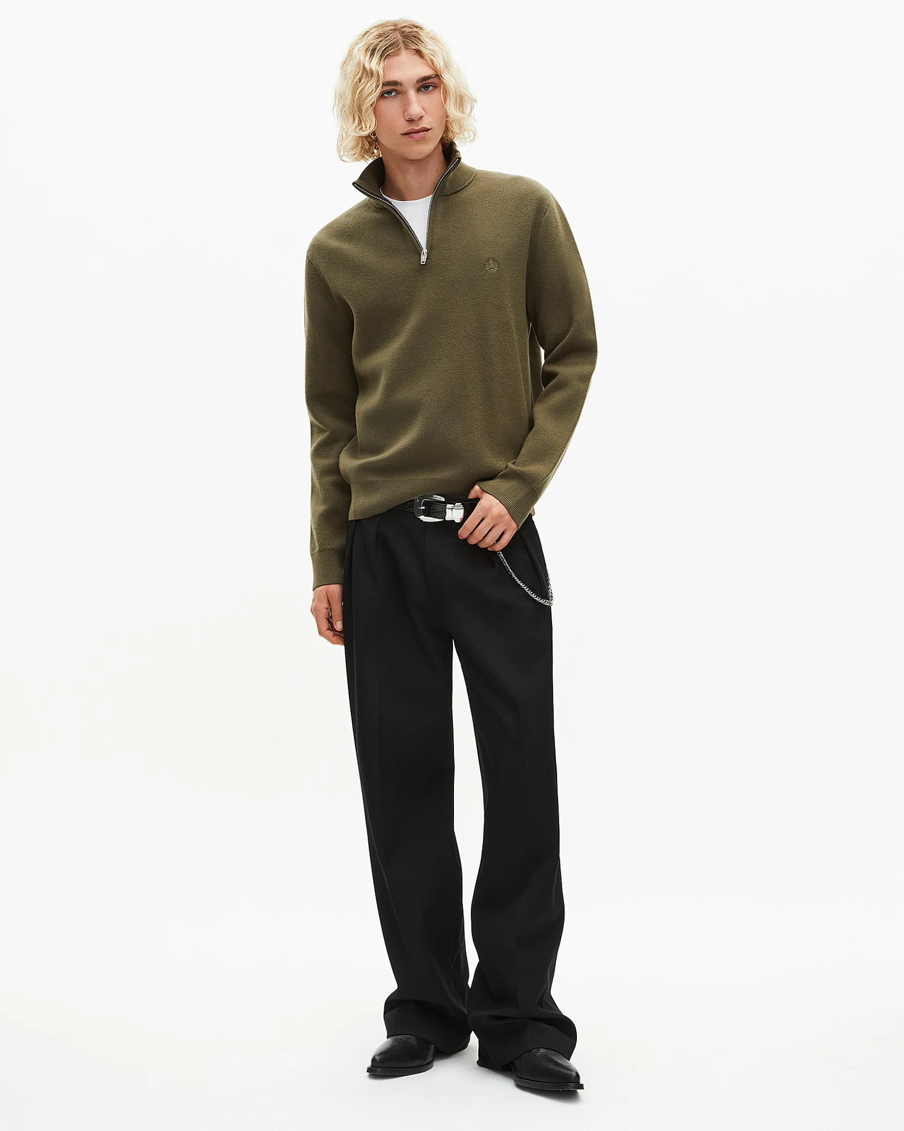 Pull col camionneur en laine double face kaki