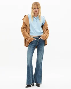 Pull col lavallière en coton mélangé bleu