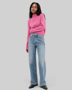 Pull col montant en laine mérinos rose