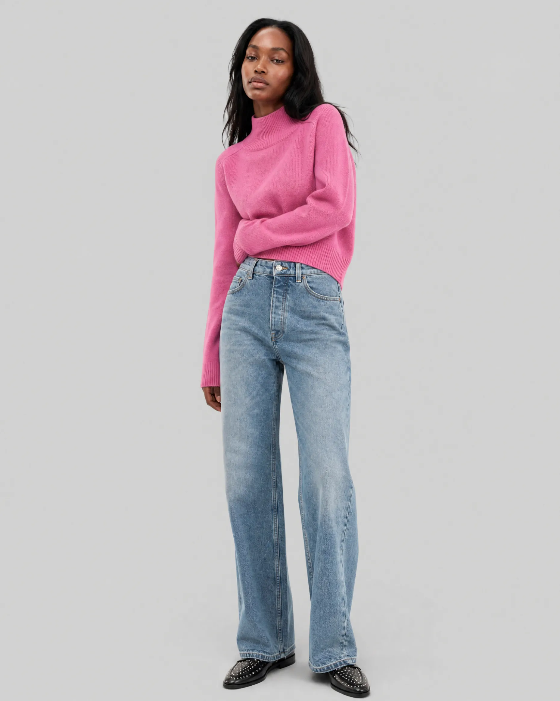 Pull col montant en laine mérinos rose