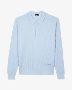 Pull col polo en laine mérinos bleu