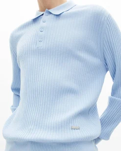 Pull col polo en laine mérinos bleu