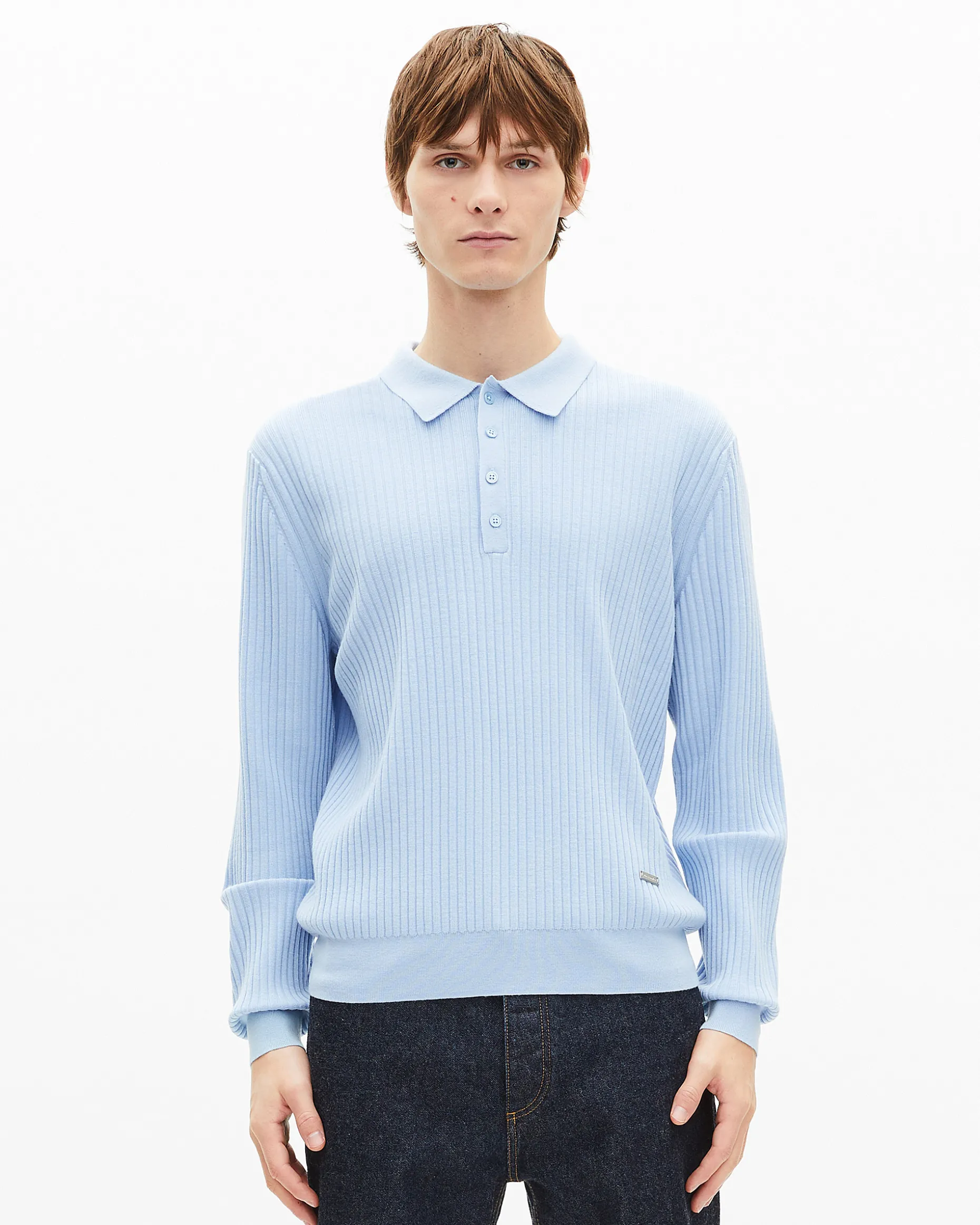 Pull col polo en laine mérinos bleu