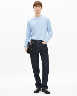 Pull col polo en laine mérinos bleu