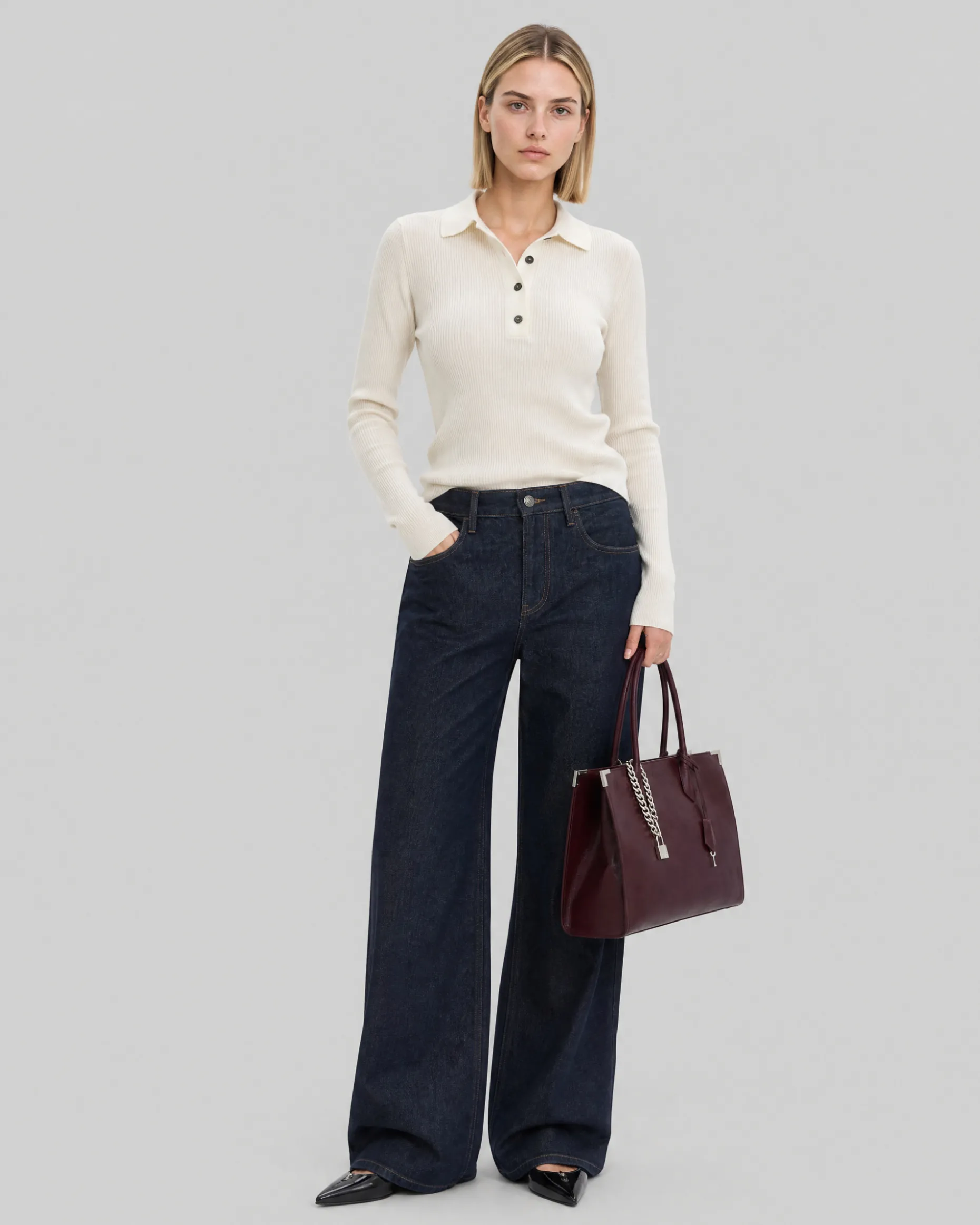 Pull col polo en laine mérinos ecru