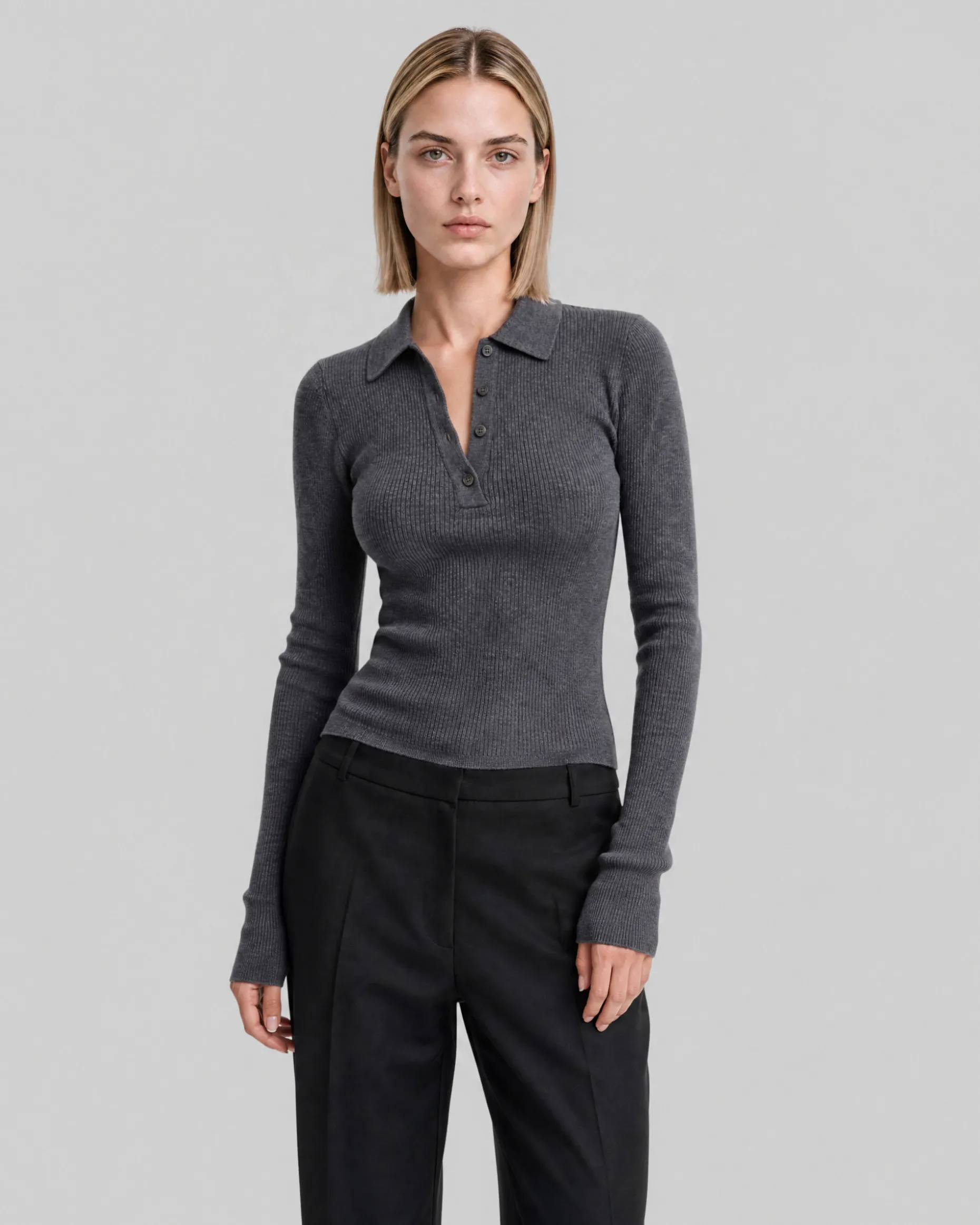 Pull col polo en laine mérinos gris