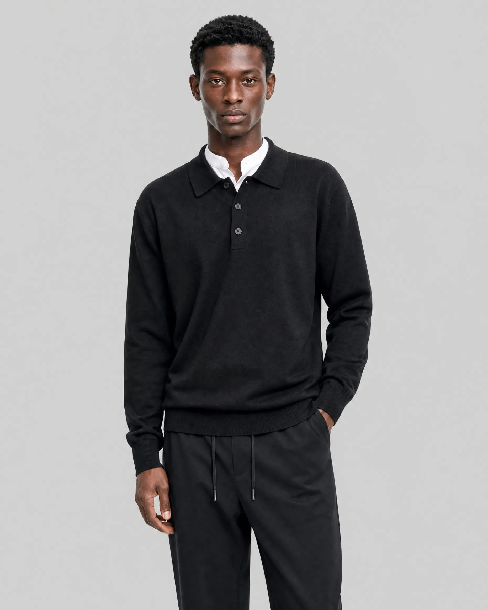 Pull col polo en laine mérinos noir