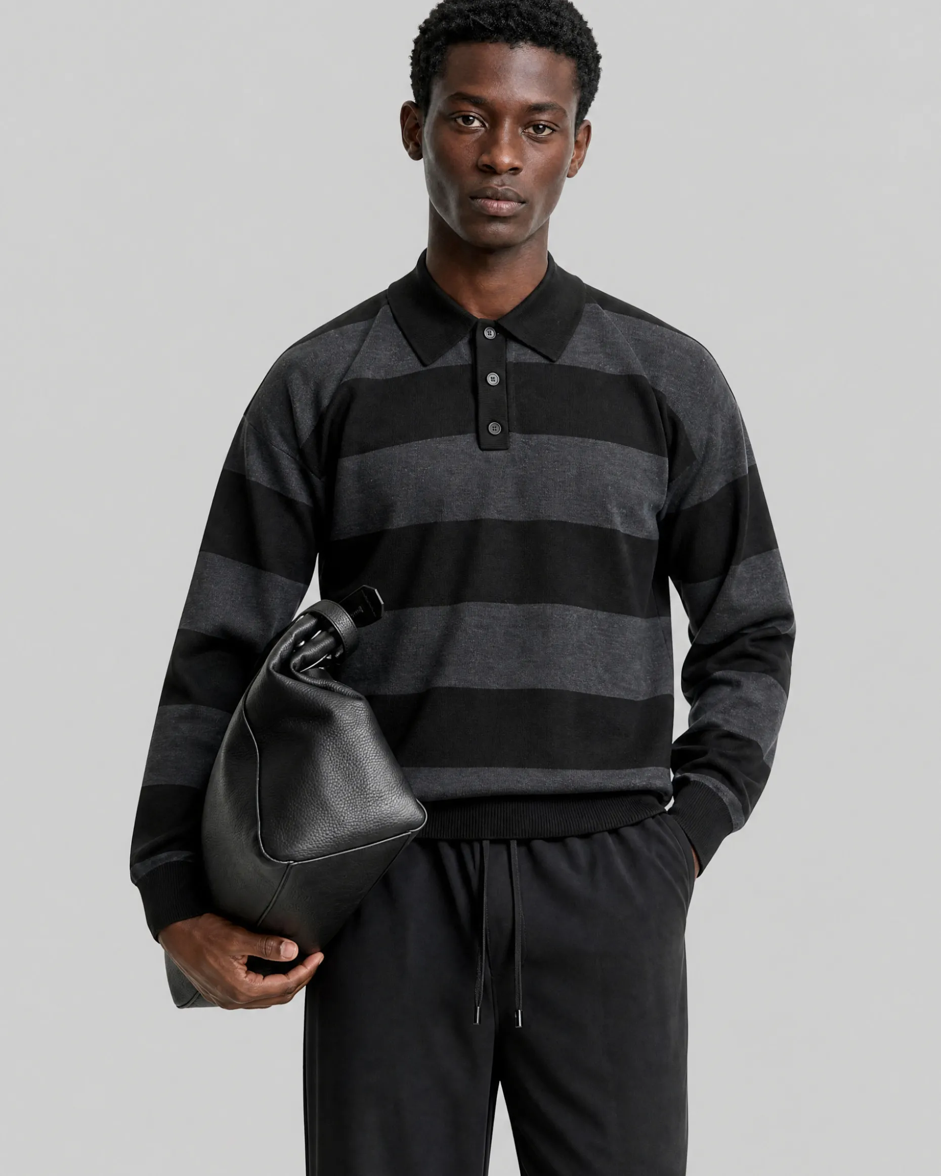 Pull col polo à rayures en laine gris