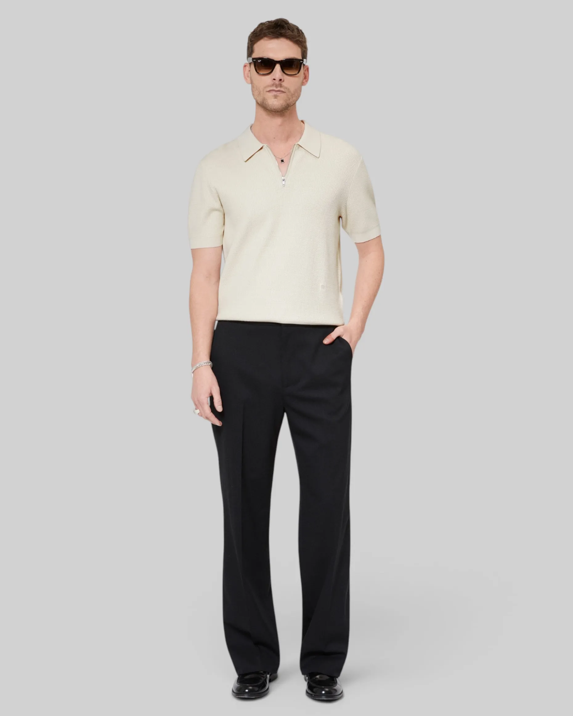Pull col polo à zip beige