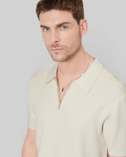 Pull col polo à zip beige