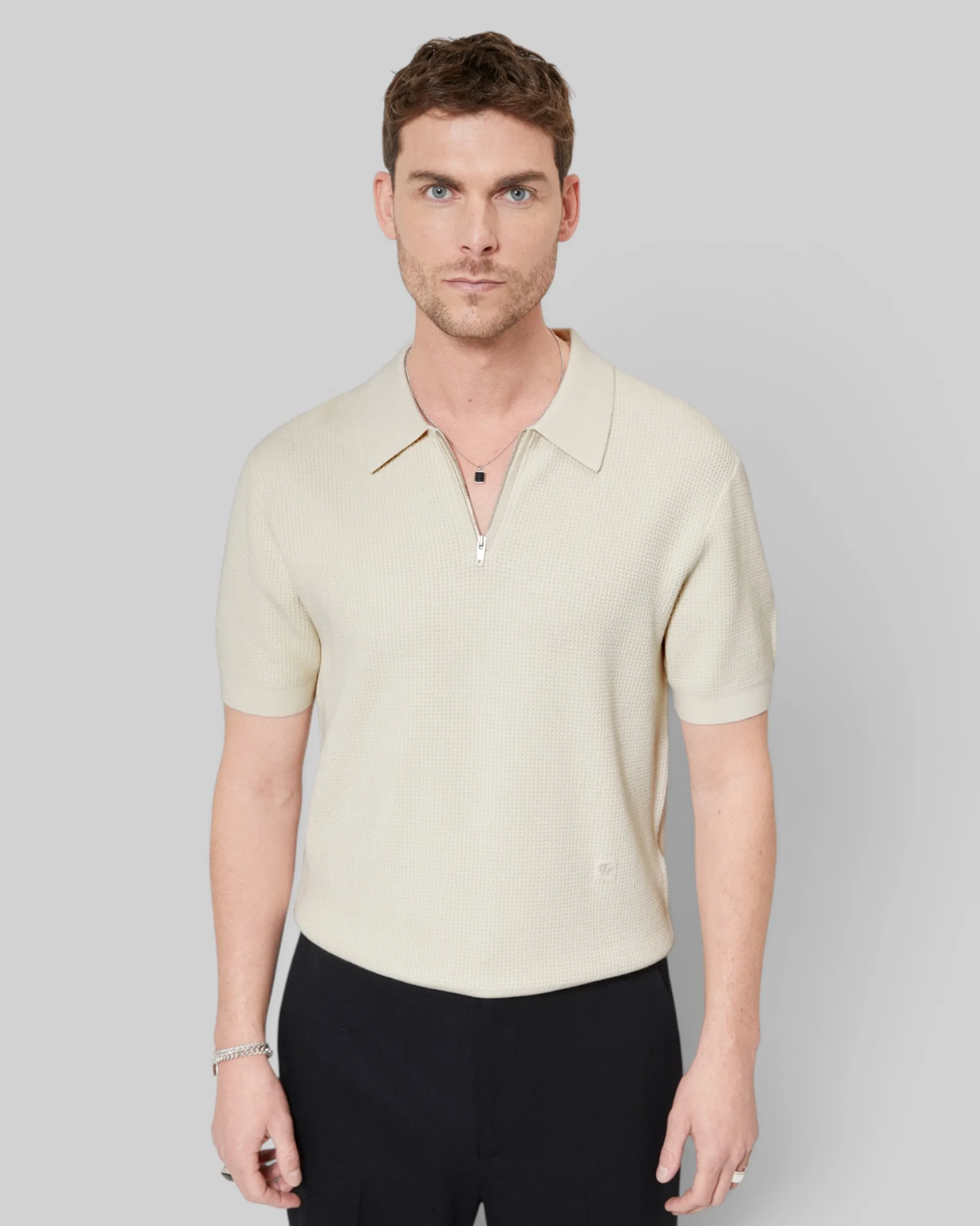 Pull col polo à zip beige