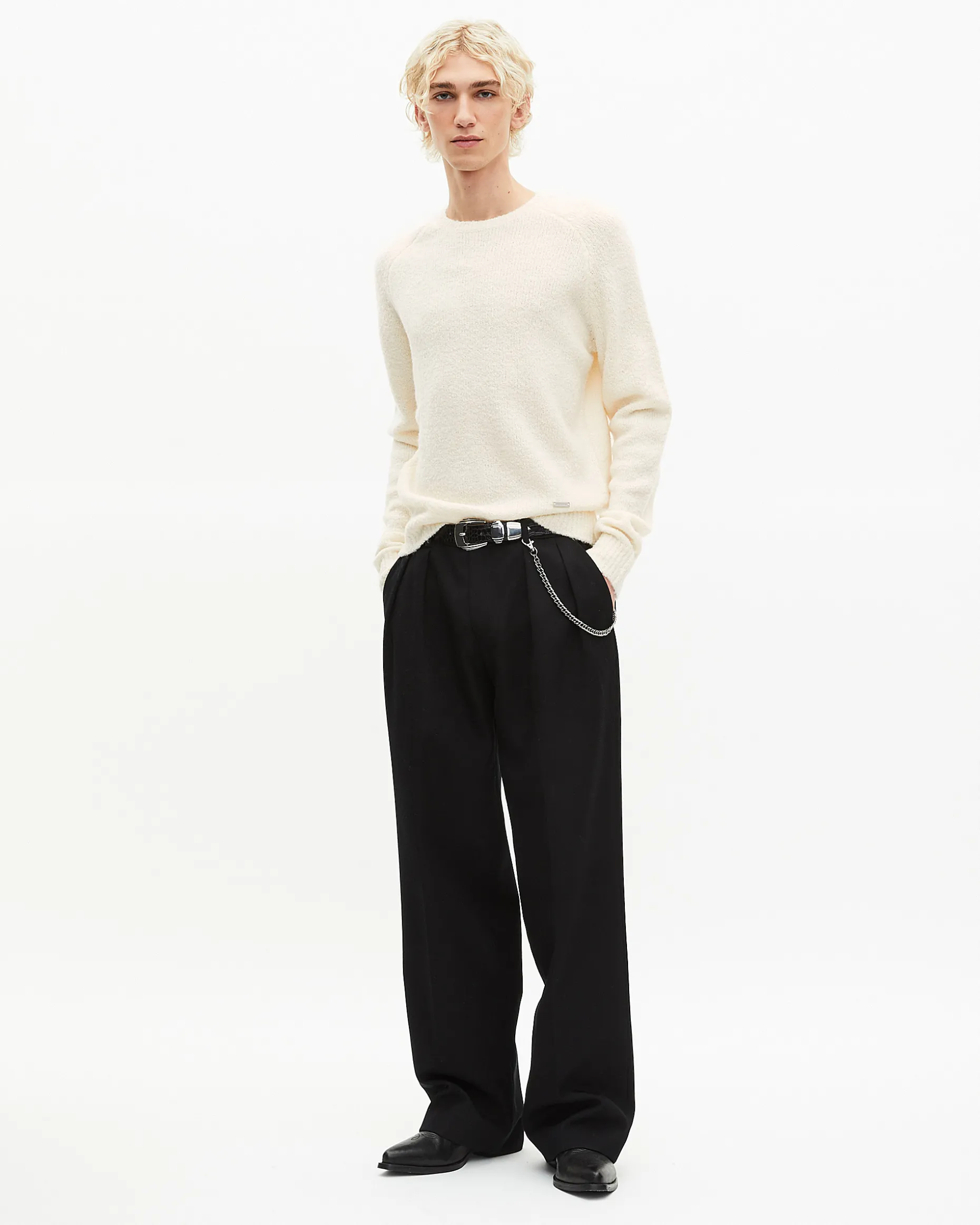 Pull col rond en laine bouclée beige