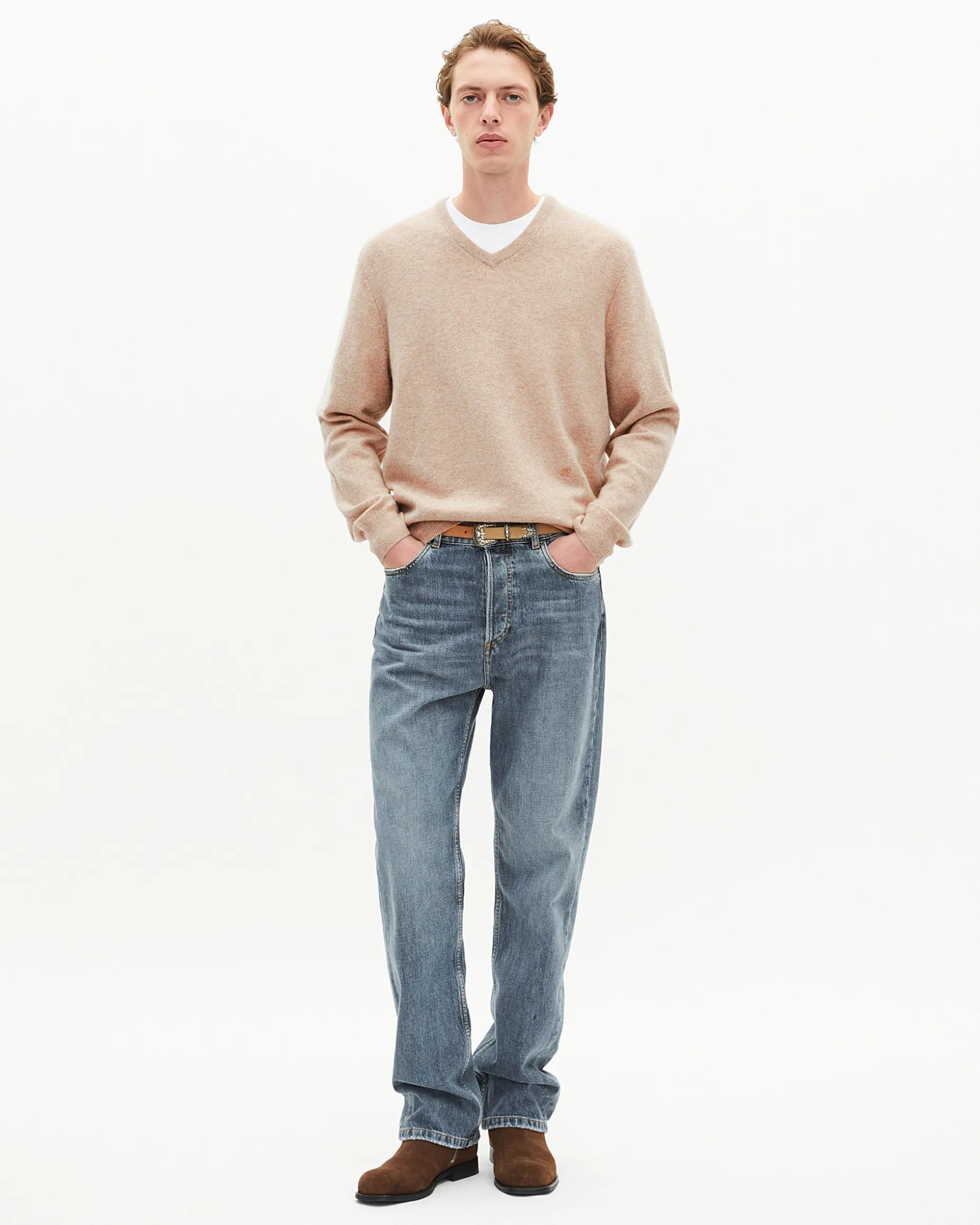 Pull col V en cachemire beige