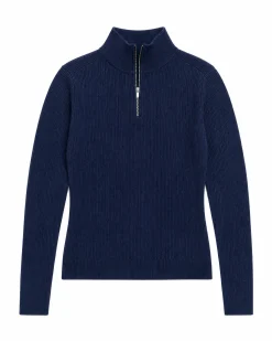 Pull en maille côtelée en laine mérinos marine