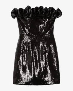 Robe bustier courte sequins avec détail effet cuir noire