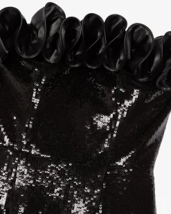 Robe bustier courte sequins avec détail effet cuir noire