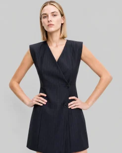 Robe courte croisée en laine rayures marine