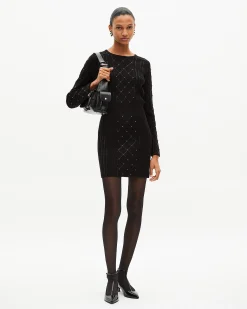 Robe courte en maille avec strass et perles noire