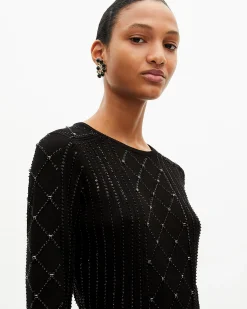 Robe courte en maille avec strass et perles noire