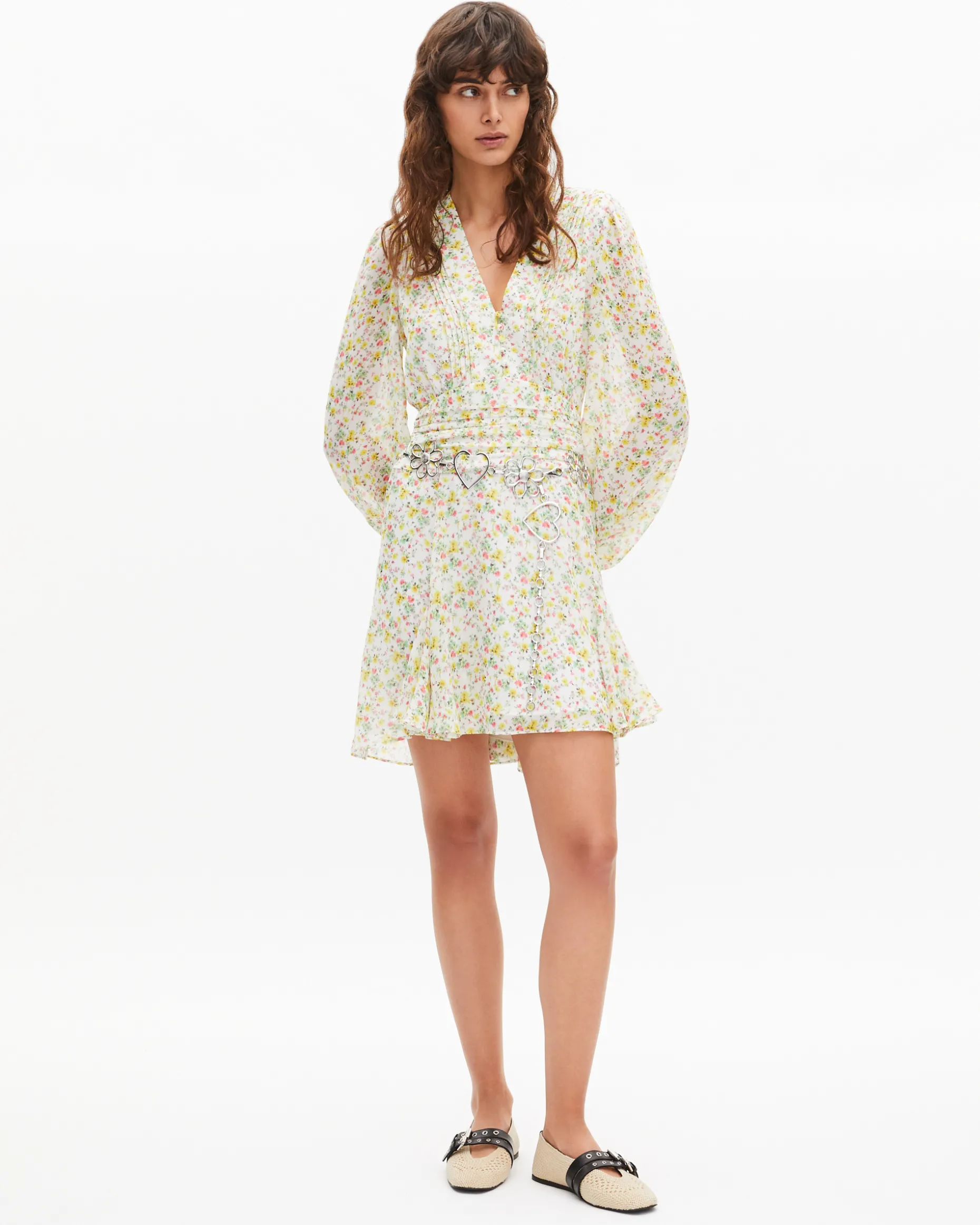 Robe courte plissée imprimé fleuri écrue
